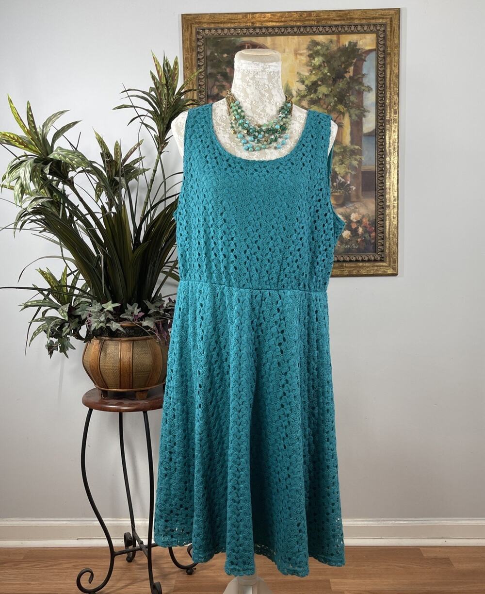 Siren Lily Women’s Dress Plus Size 2X Teal Lace Fit & Flare Sleeveless Midi Boho